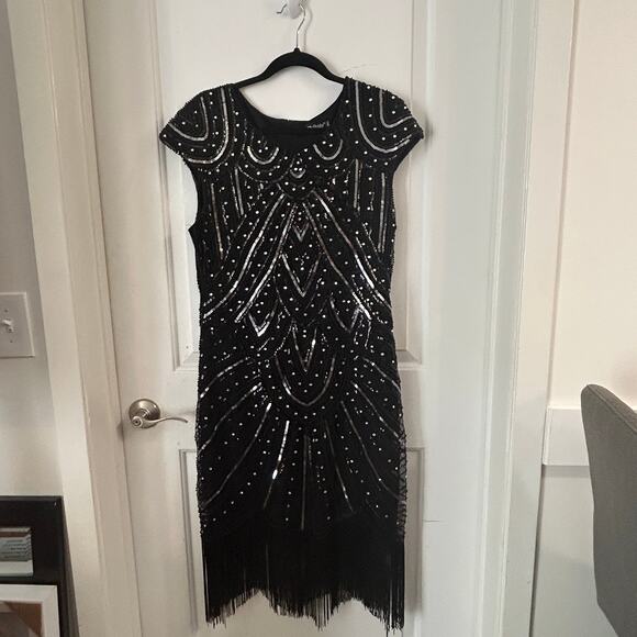 Pretty Guide 2XL Black Bead Silver Sequin Dress Cap Sleeve Fringe Bottom Lined - Picture 1 of 16